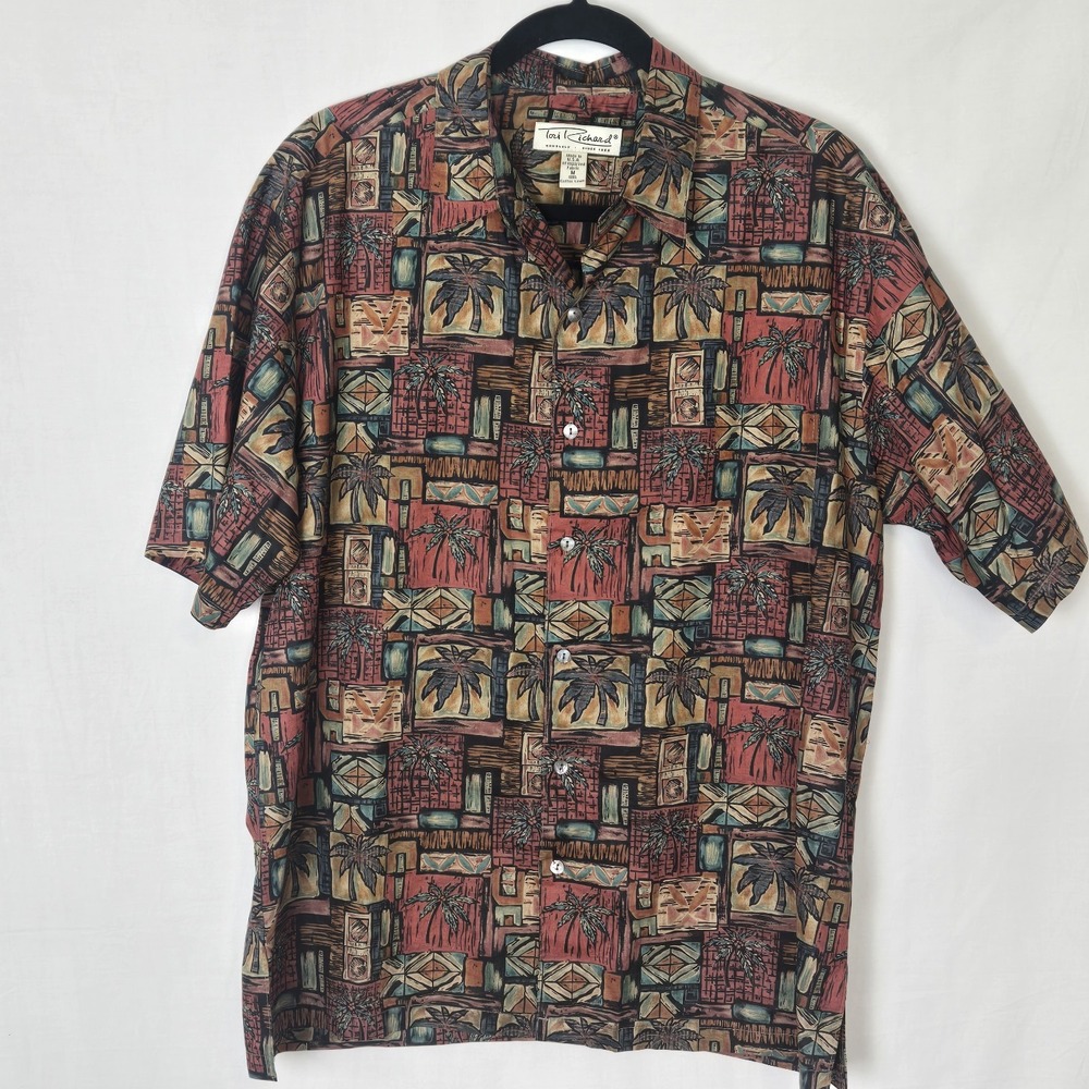 Tori Richard Polo Shirt Mens M Geometric Palm Tree Aloha Hawaiian Made USA